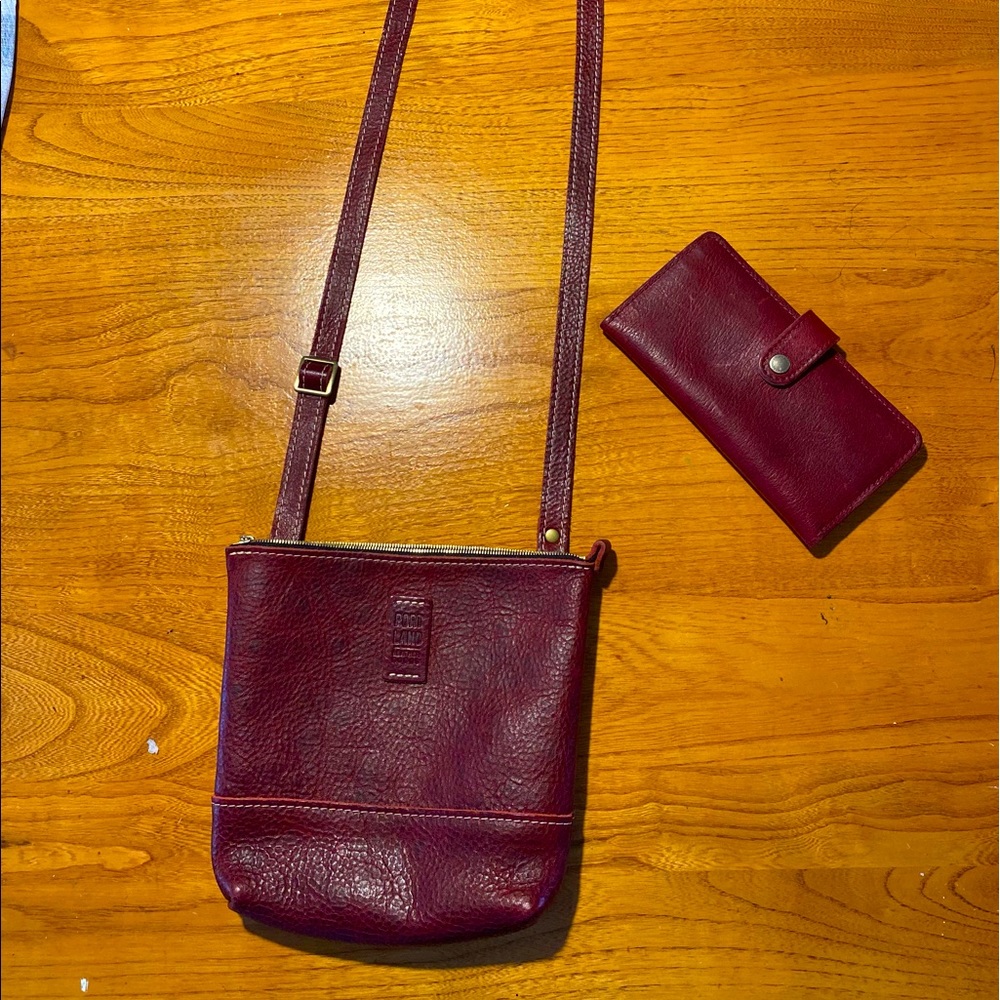 Portland Leather Company crossbody festival purse & matching wallet in Sangria.
